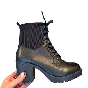 Zigisoho “Morgan” Black Lace-Up Knit Shaft Heeled Combat Boots – Women’s 8